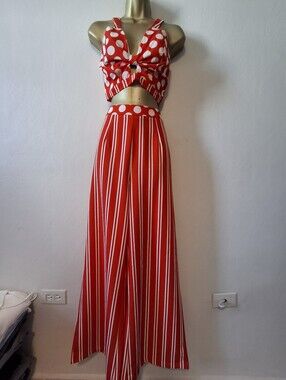 Red and White Polka Dot Tie-Front Crop Top with Striped Wide-Leg Pants